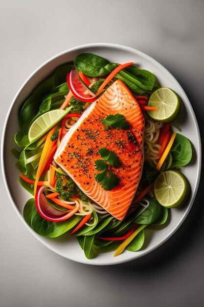 Ensalada picante de salmón comida japonesa estilo tailandés aislada sobre fondo blanco trazado de recorte incluido