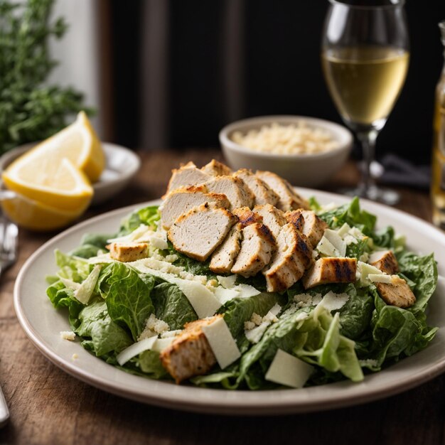 Foto ensalada plana con pollo y semillas de sésamo