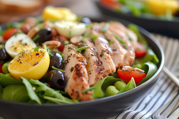 Ensalada de pollo nioise a la parrilla con aceitunas y huevos hervidos