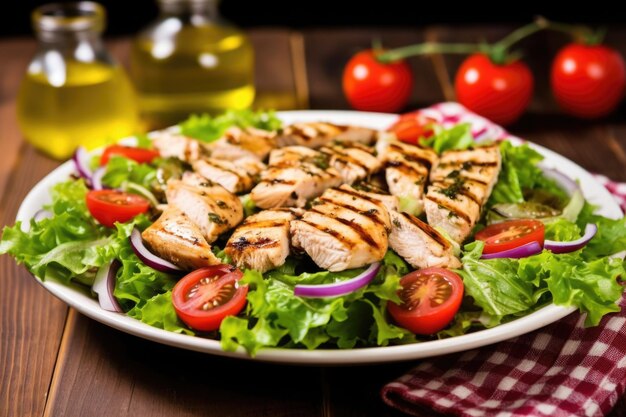 Foto ensalada de pollo a la parrilla empapada en aceite de oliva