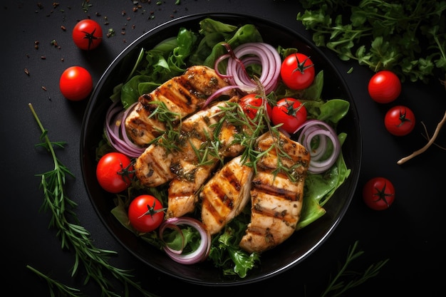 Ensalada de pollo a la parrilla con tomates y hierbas en un bol