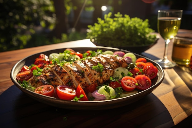 Ensalada de pollo a la parrilla con verduras frescas servida en un jardín soleado generativo IA