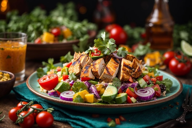 ensalada de pollo picante mexicana en un plato carne de pollo a la parrilla con una sabrosa selección de verduras