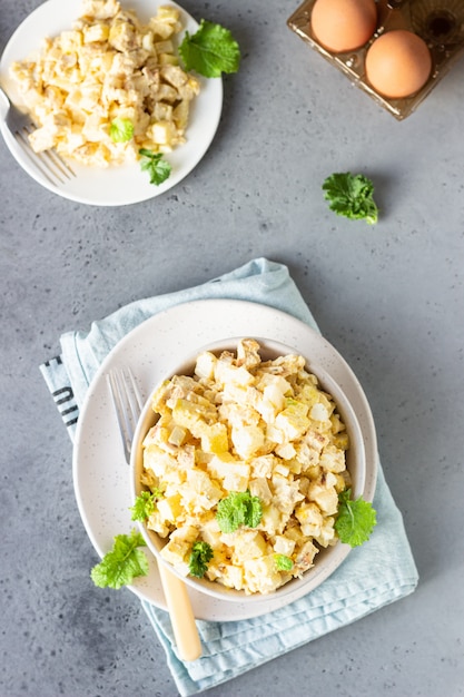 Ensalada de pollo saludable con huevo, manzana y daikon