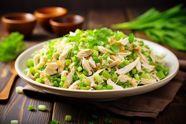 ensalada de pollo servida con un lado de papas fritas caseras