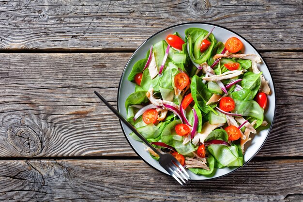 Ensalada de pollo y verduras con hojas frescas de espinaca baby, tomates cherry, cinta de pepino, aros de cebolla roja con aceite de oliva y aderezo de limón, servido en un plato sobre una mesa de madera, espacio de copia