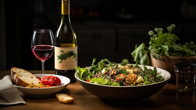 ensalada con pollo y verduras y un vaso de vino