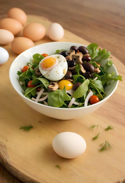 ensalada de primavera con lechuga setas huevo queso hierbas y otras verduras en un tazón