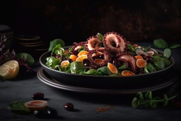 Ensalada con pulpo Fondo oscuro Exquisitos platos de mariscos IA generativa