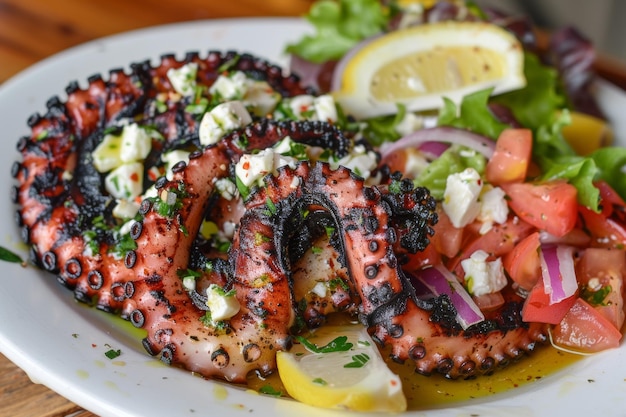 Ensalada de pulpo en un plato blanco