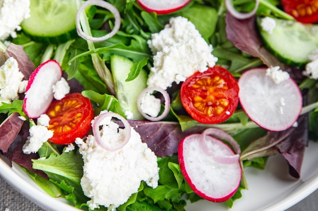 ensalada queso hojas verdes vegetales rábano tomate pepino comida bocadillo en la mesa