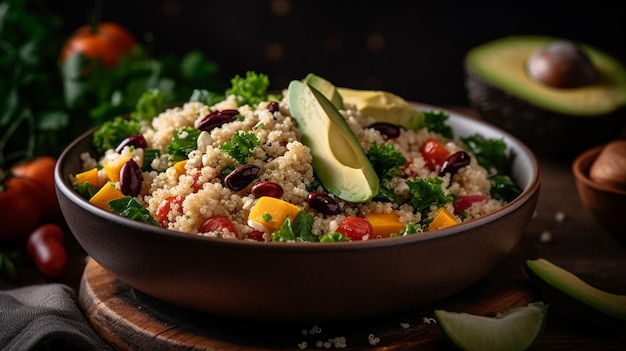 Ensalada de quinoa con aguacate y aguacate en un bol