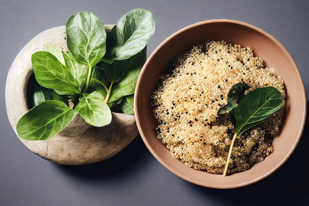 Ensalada de quinoa para comida vegana con hojas de ensalada fresca saludable