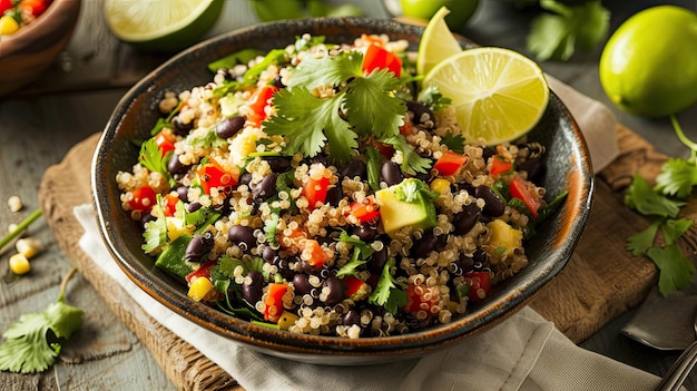 Ensalada de quinoa y frijol negro adornada con cilantro y lima Plato casero que sirve comida dietética de primer plano fácil de preparar Excelencia culinaria concepto de sofisticación Generado por IA