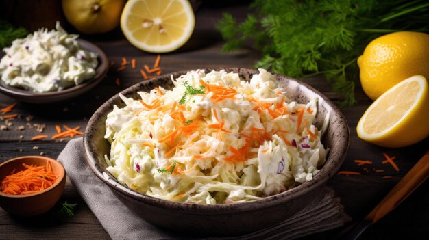 Foto la ensalada recién triturada, la ensalada de zanahoria rallada y la mayonesa de repollo hacen ia casera generada