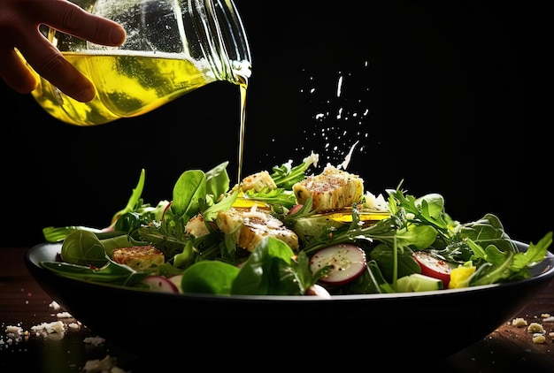 Foto una ensalada con un recipiente grande que dice aceite de oliva