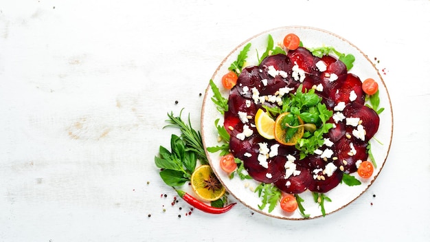 Ensalada de remolacha con queso feta Comida Vista superior Espacio libre para su texto