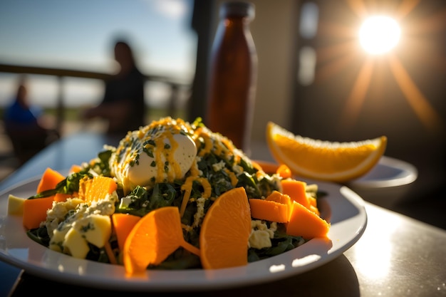 Una ensalada con una rodaja de limón y una botella de jugo de naranja.