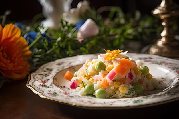 Ensalada rusa Olivier Ensalada picada verduras hervidas carne mezclada con mayonesa Plato tradicional de invierno en fondo oscuro Ilustración generativa de IA