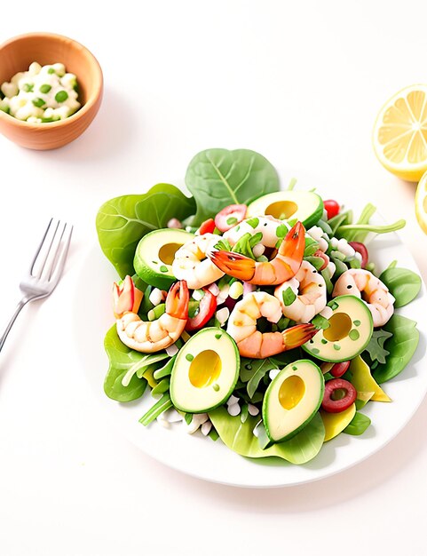 Ensalada de salmón y aguacate sobre mesa de madera generada por IA