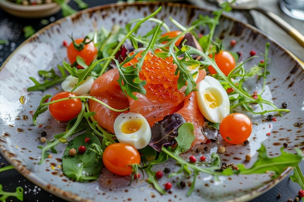 Ensalada de salmón ahumado Plato de mariscos Ensalada de caviar rojo Tomates de cereza secos Huevos de codorniz