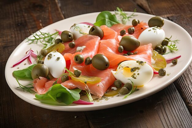 Ensalada de salmón ahumado con rábano y alcaparras