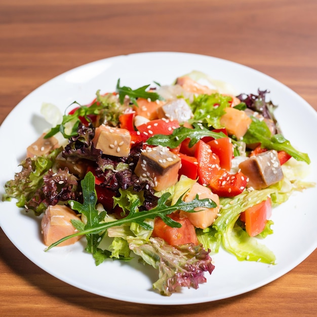 Ensalada de salmón con hojas verdes, tomates y pimientos sobre un fondo de madera