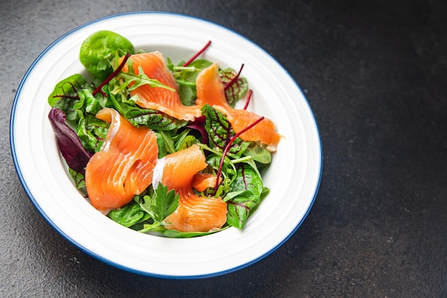 ensalada de salmón huevo cocido hojas verdes lechuga comida fresca comida dieta merienda en la mesa espacio de copia