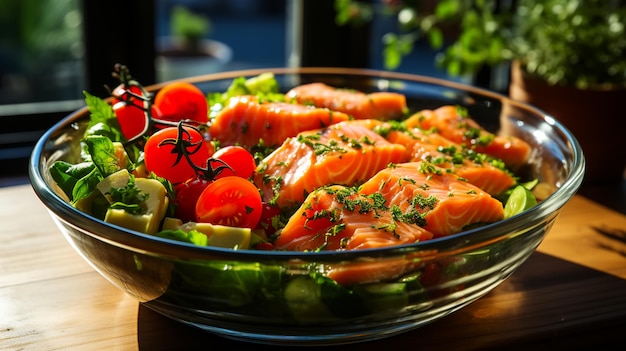 Ensalada de salmón salmón con mezcla de verduras sobre mesa de madera