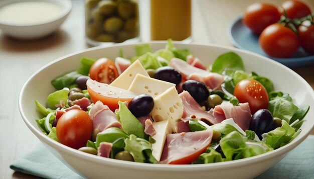 Foto una ensalada saludable en un cuenco con aceitunas, queso de tomate y jamón magro servido para el desayuno