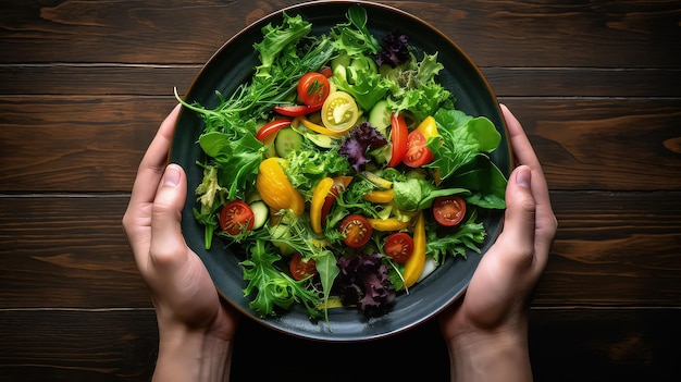 ensalada saludable dos manos sosteniendo un moderno