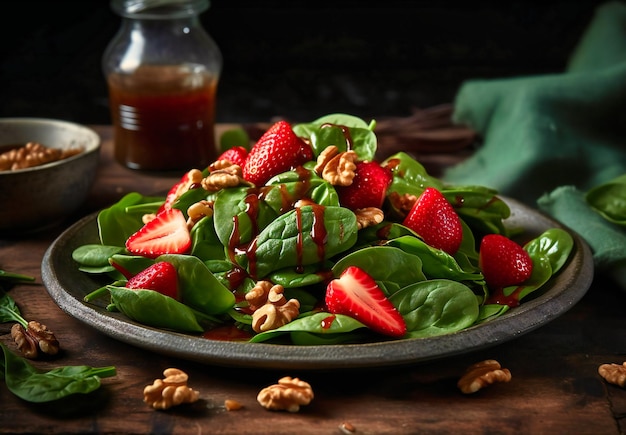 ensalada saludable de espinacas con fresas y nueces tostadas