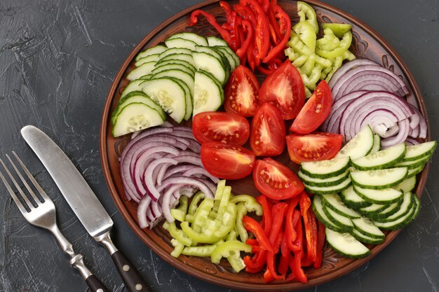 Ensalada saludable de tomate, cebolla roja, pimiento y pepinos en placa en la oscuridad