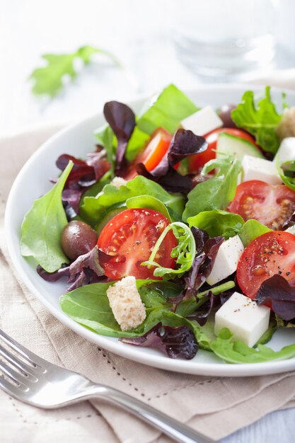 Ensalada saludable con tomates, aceitunas y queso feta