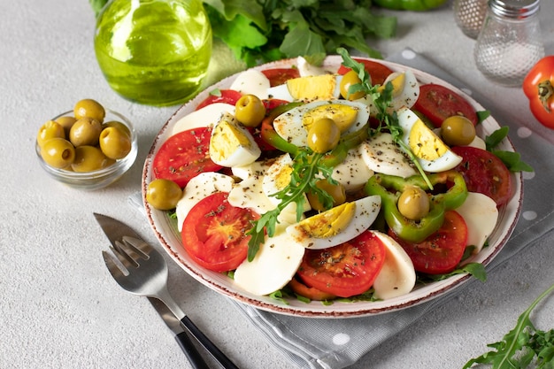 Ensalada saludable con tomates, mozzarella, aceitunas, rúcula y huevos en un plato sobre un fondo claro