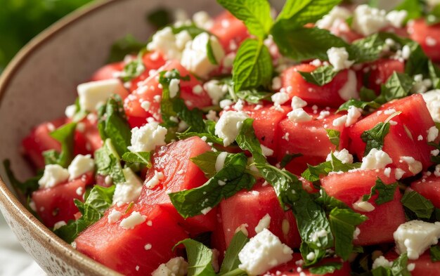 Una ensalada de sandía brillante con queso feta y menta fresca en una mesa soleada