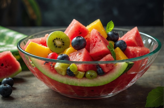 Ensalada de sandía en un cuenco de vidrio mezclada con otras frutas