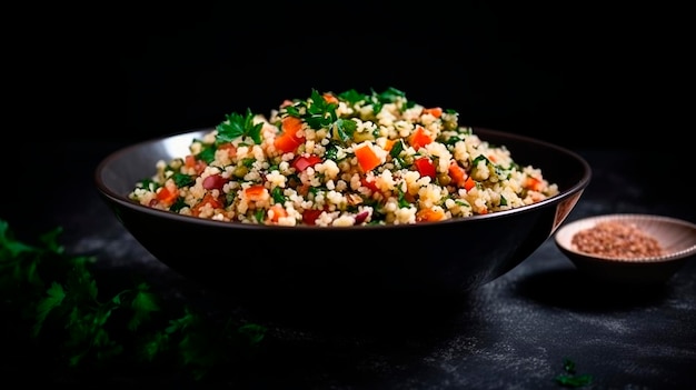 Ensalada tabulé sobre mesa negra Ensalada vegetariana levantina con cuscús en un bol con perejil menta bulgur tomate IA generativa