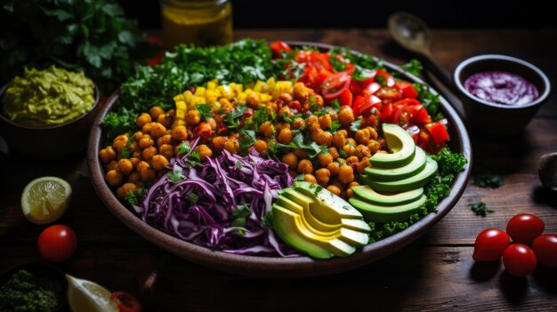 Ensalada de tazón de Buda con aguacate, garbanzos, tomates y hierbas verdes sobre una mesa de madera