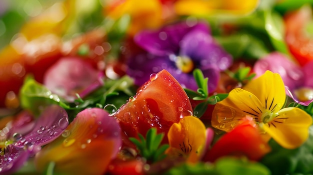 Ensalada con textura con verduras y flores comestibles