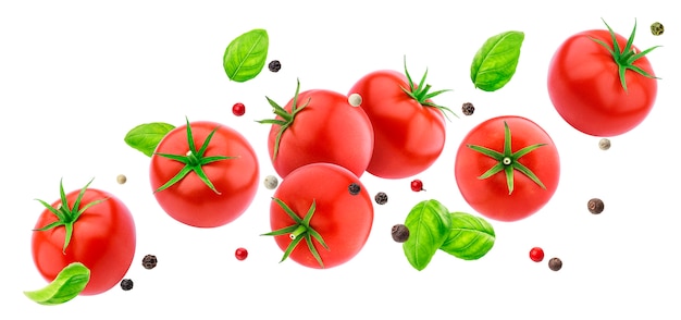 La ensalada de tomate caído aislada en blanco con camino de recorte