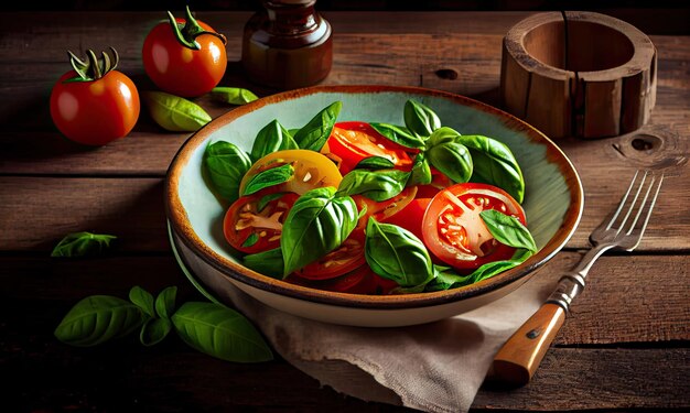 Ensalada de tomate con fondo de madera de albahaca verde el concepto de IA generativa deliciosa y saludable