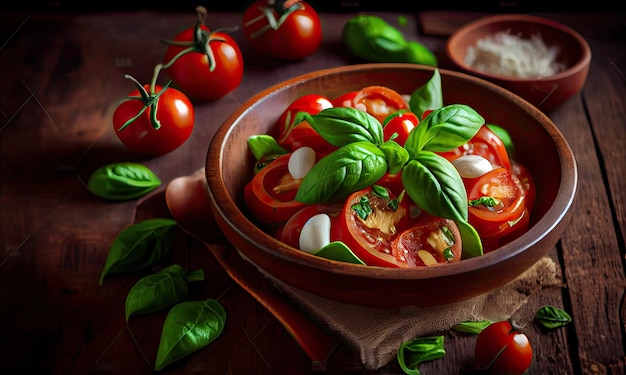 Ensalada de tomate con fondo de madera de albahaca verde el concepto de IA generativa deliciosa y saludable