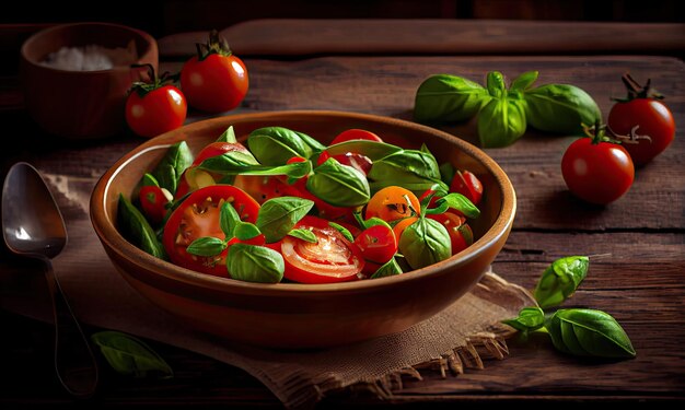 Ensalada de tomate con fondo de madera de albahaca verde el concepto de IA generativa deliciosa y saludable