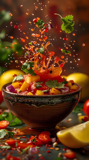 Ensalada de tomate fresca con hierbas y condimentos vibrantes en movimiento