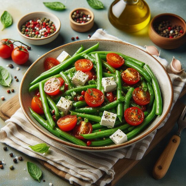 Ensalada de tomate de frijol verde con feta