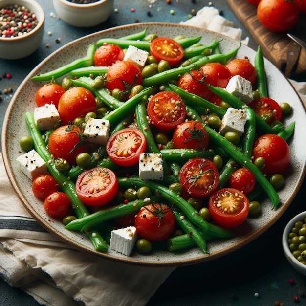 Ensalada de tomate de frijol verde con feta