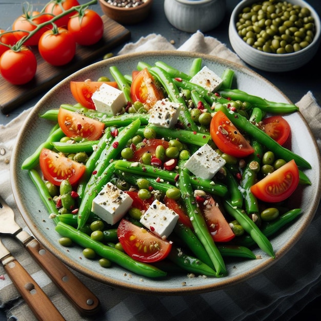 Ensalada de tomate de frijol verde con feta