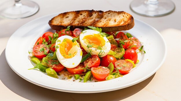 Ensalada de tomate y huevo con tostadas de trigo entero