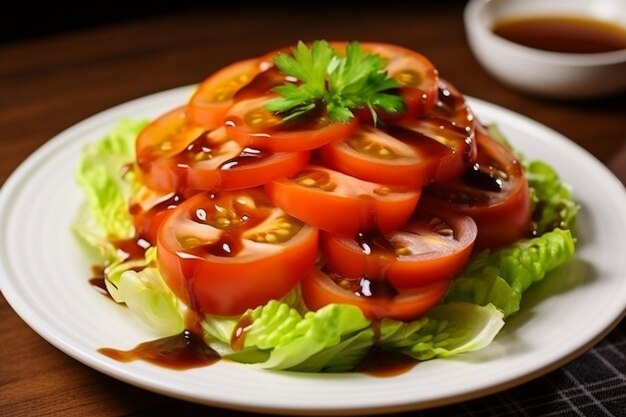 Ensalada de tomate, lechuga y salsa de soja en la mesa.